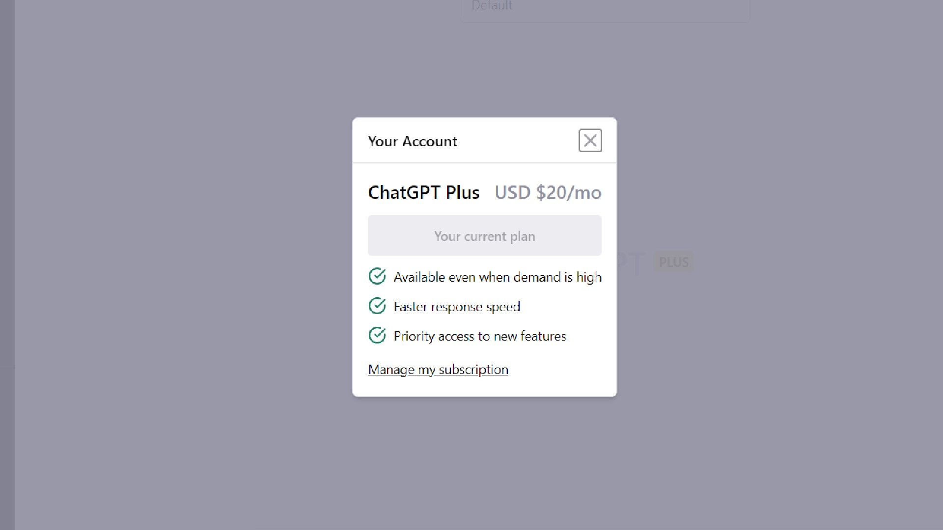 A screenshot of the ChatGPT Plus subscription screen