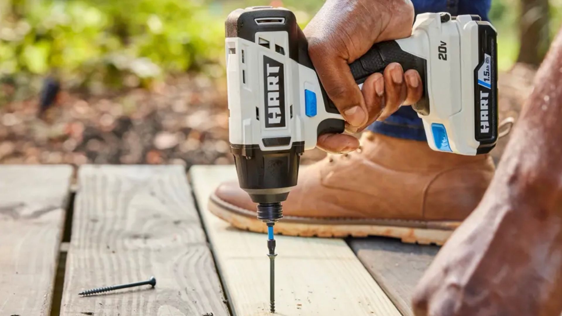 HART drill driver on a wooden deck.