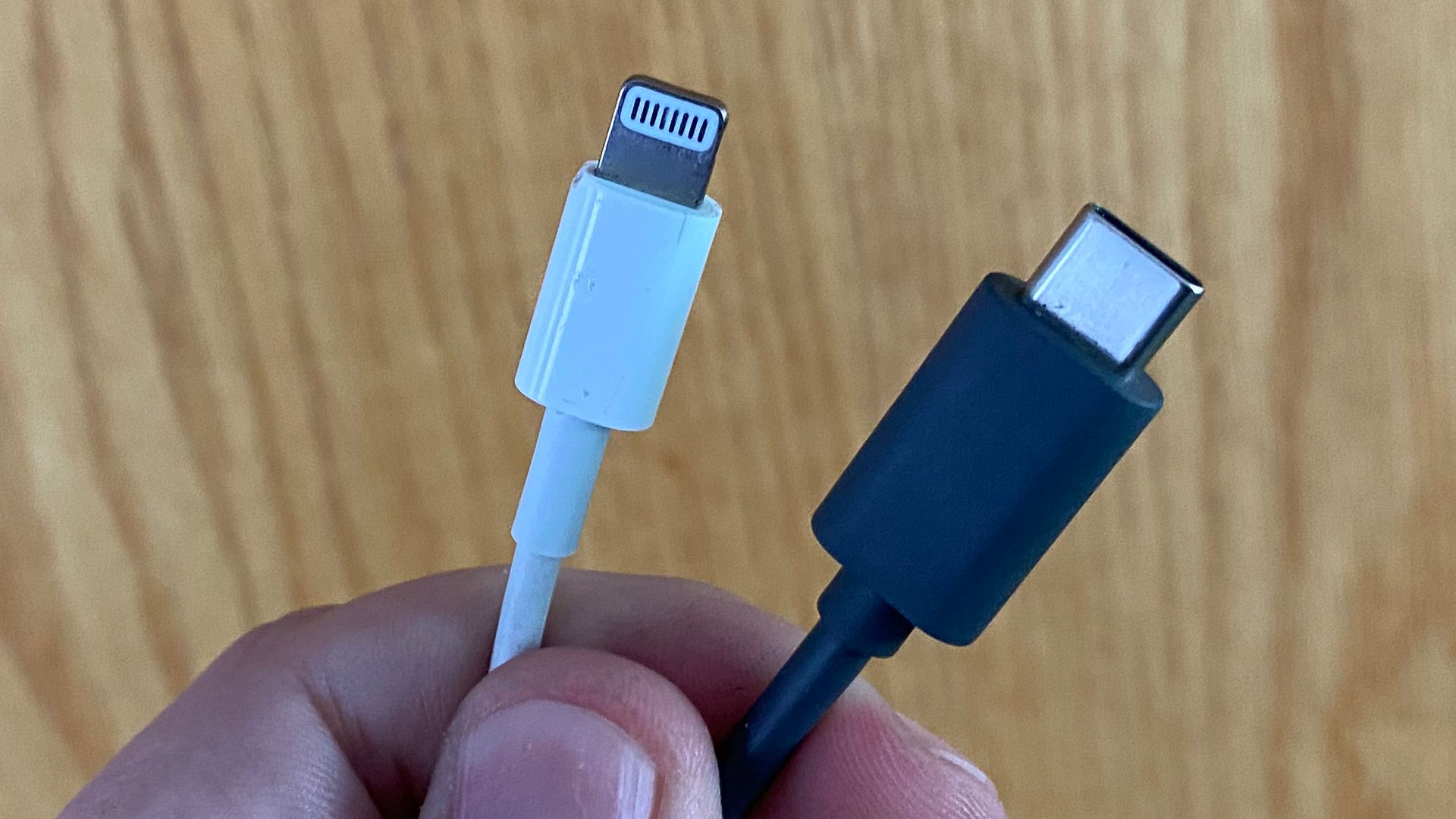 A man holding a USB-C and a Lightning connector.