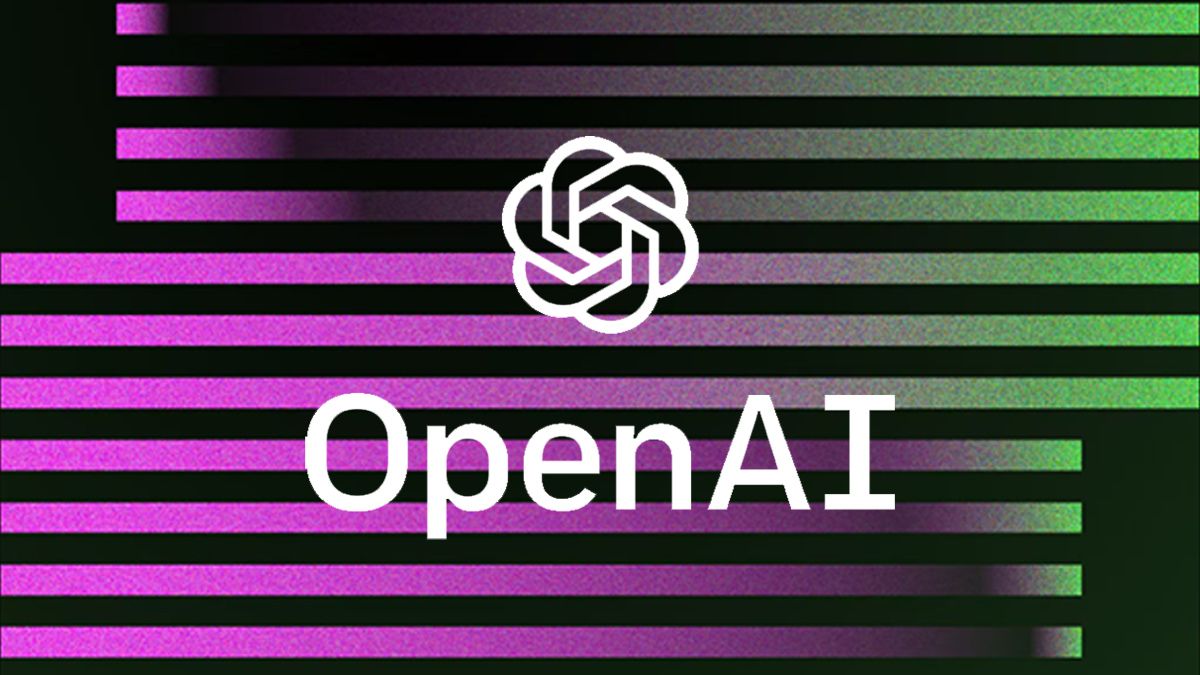 Purple and green stripes in the background with the OpenAI logo in the foreground.