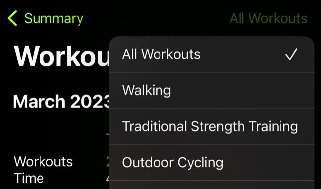 Filter workouts by type in the Fitness app