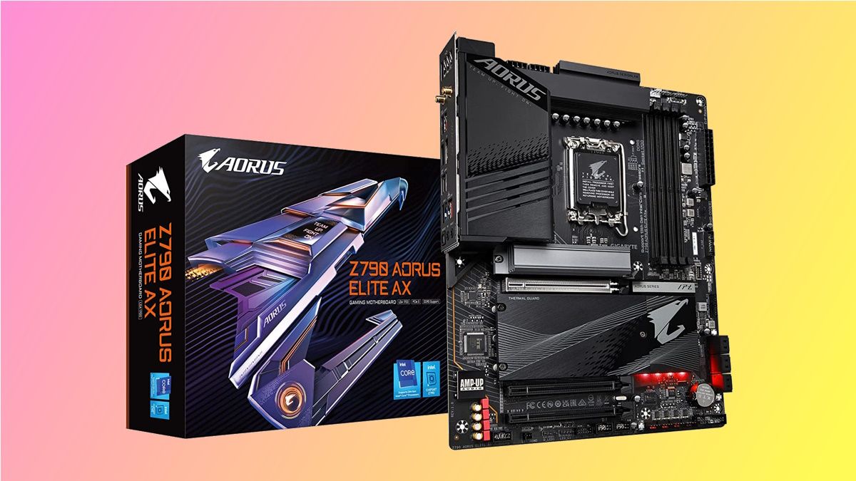 GIGABYTE Z790 AORUS Elite AX on pink and yellow background