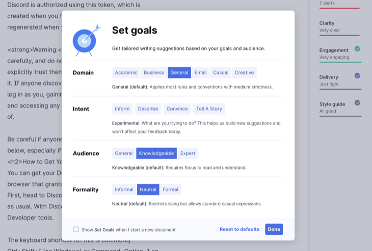 Set your writing goals with Grammarly to get better suggestions