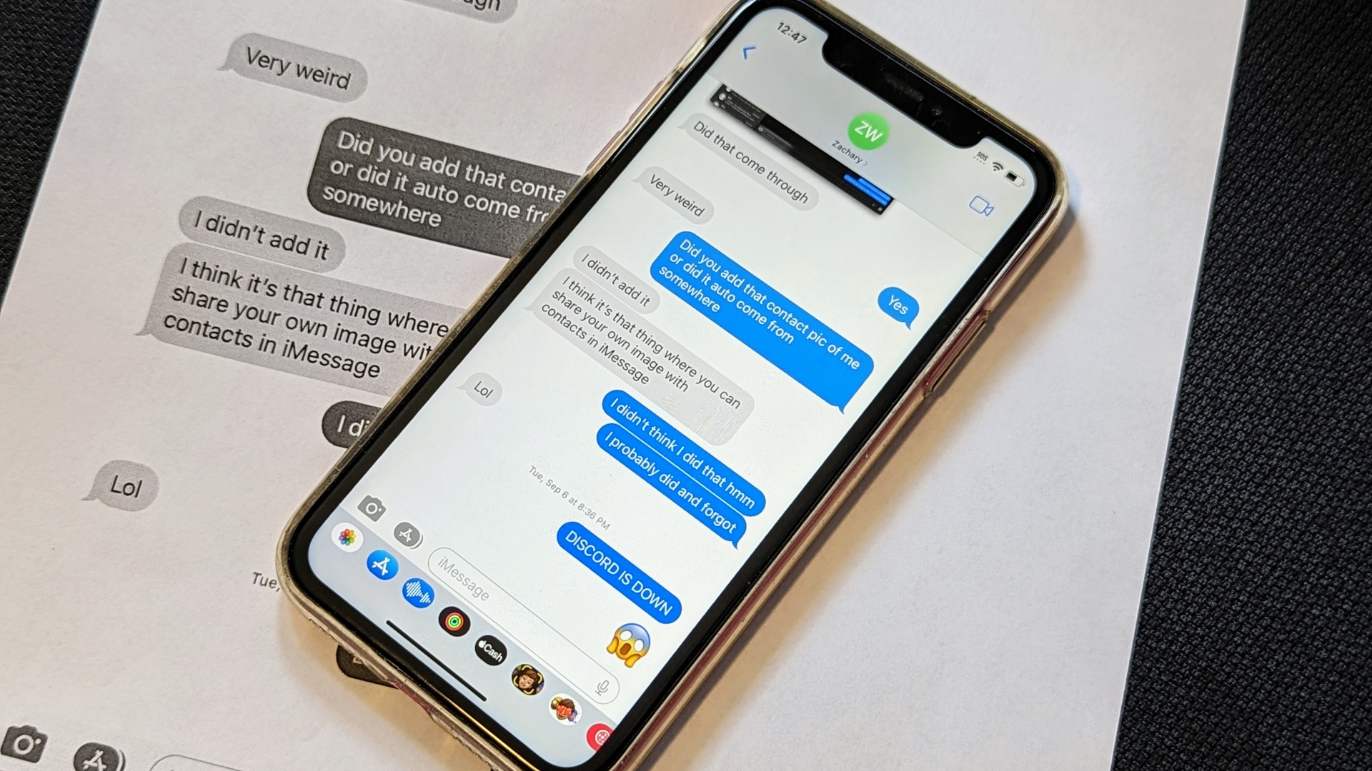 iPhone text conversation printed out.