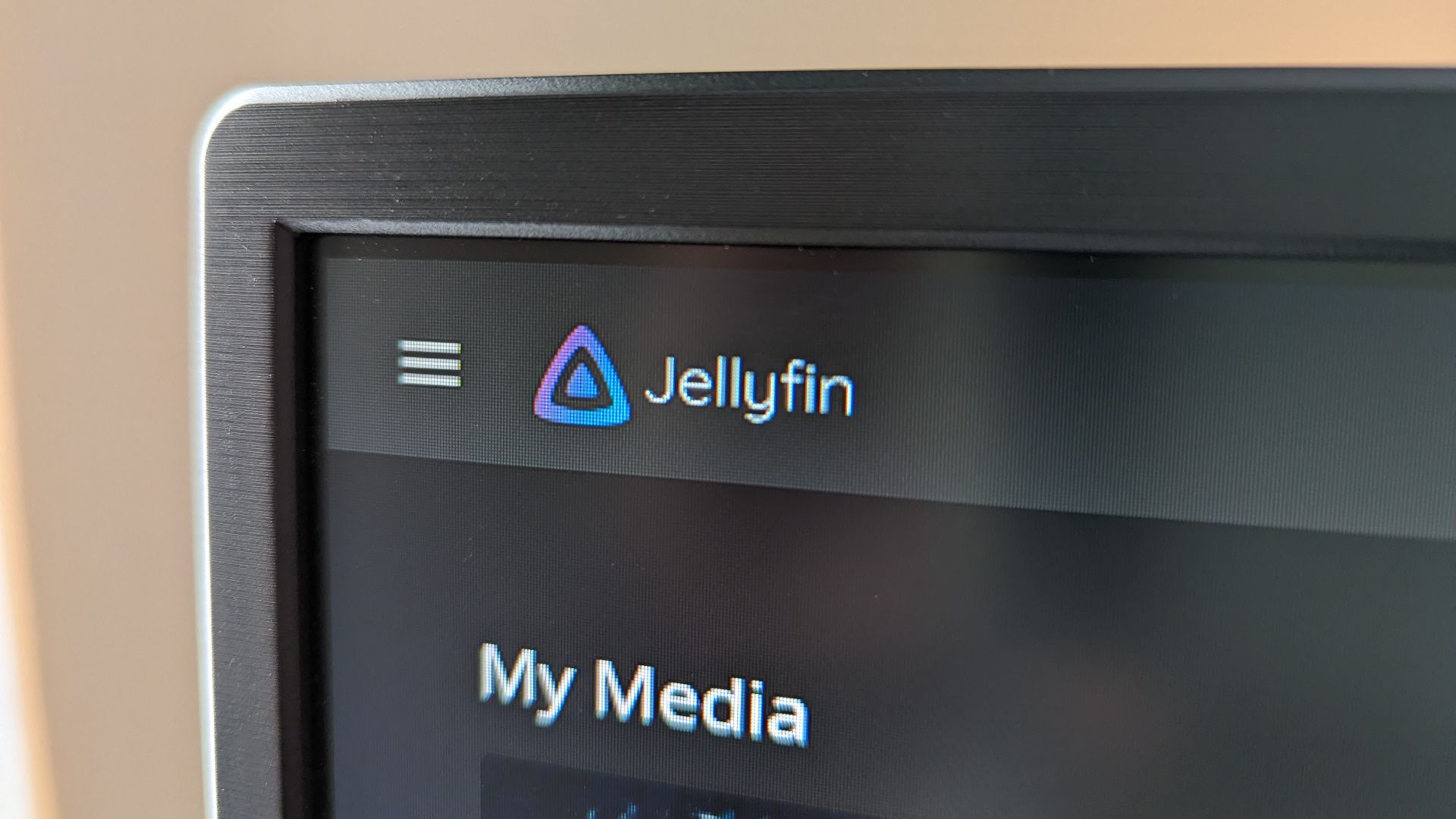Closeup of a computer monitor with the Jellyfin logo in focus.