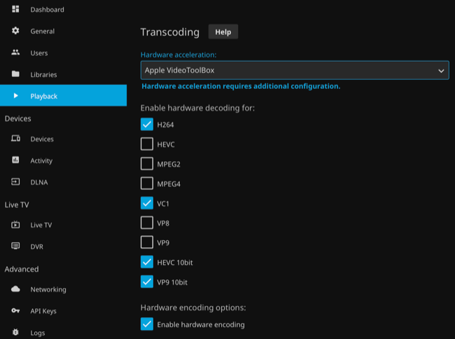 Enable hardware transcoding in Jellyfin preferences