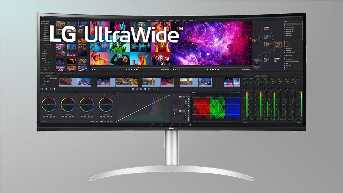 LG Ultrawide monitor on grey background