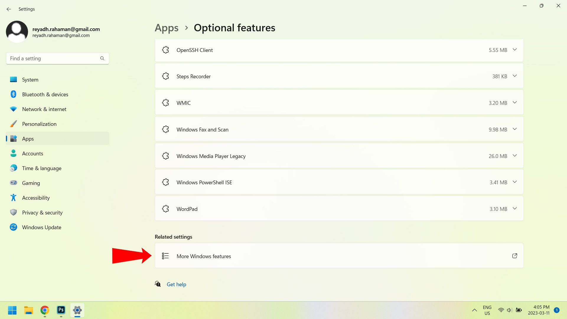 Button that opens the "Windows Features" window at the bottom of the Settings app.