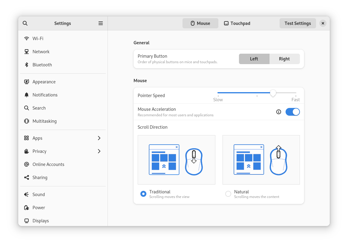 GNOME 44 mouse settings screenshot