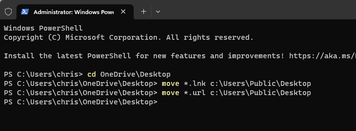 Use the move command to move LNK and URL files to the Publid Desktop folder.