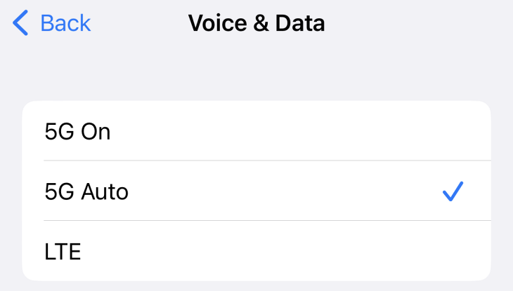Voice and data options in iOS