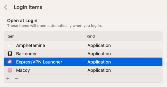 "Open at Login" applications in the Login Items menu