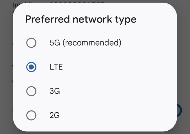 Preferred network type in Android settings