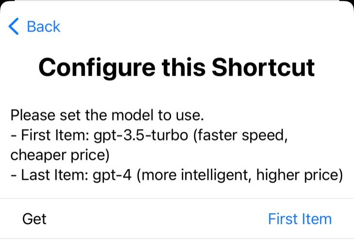 Select GPT model to use with your shortcut