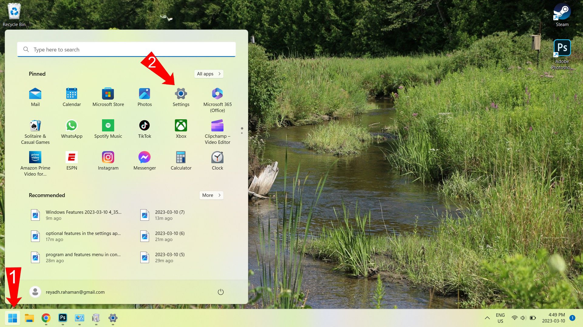 Red arrows pointing to the Windows button on the Taskbar and the Settings app in the main menu.