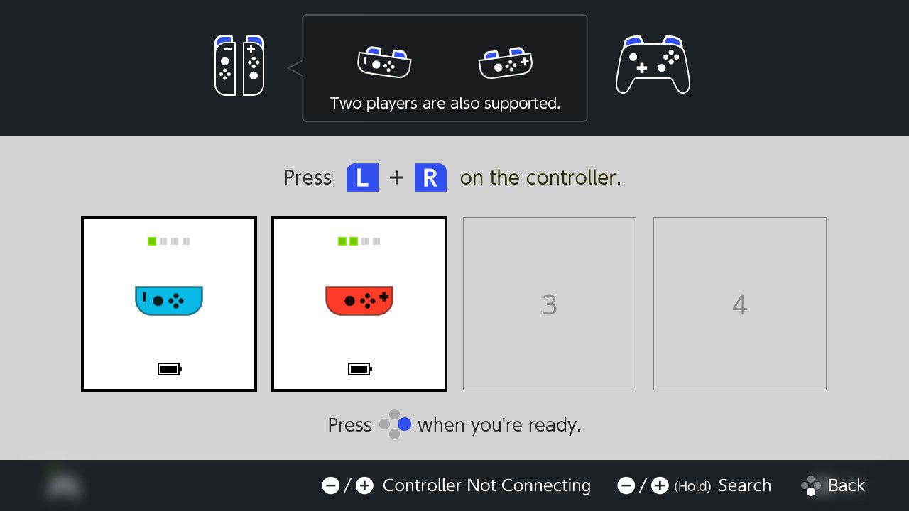 Two Joy-Cons connected to a Nintendo Switch in the "Controllers" menu.