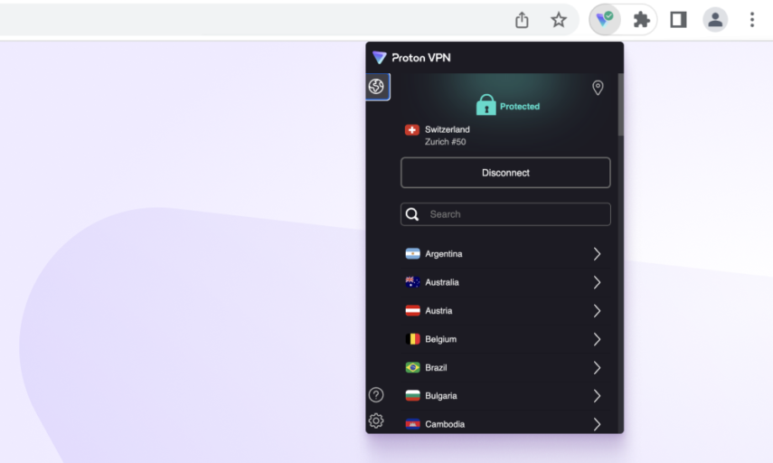 Proton VPN extension screenshot