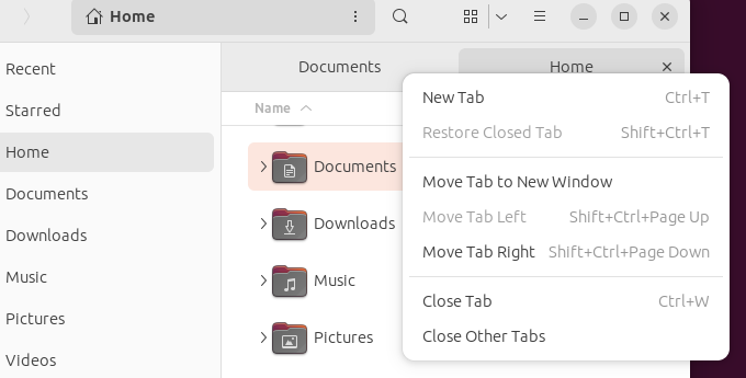 The Files browser tab context menu