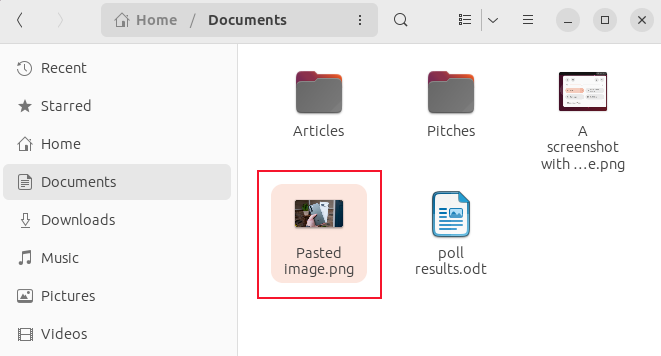 The Files browser with a file created by pasting an image