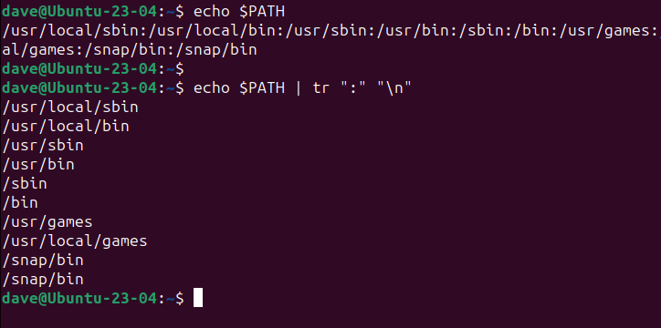 Splitting the $PATH environment variable into separate directory paths, one per line, with tr