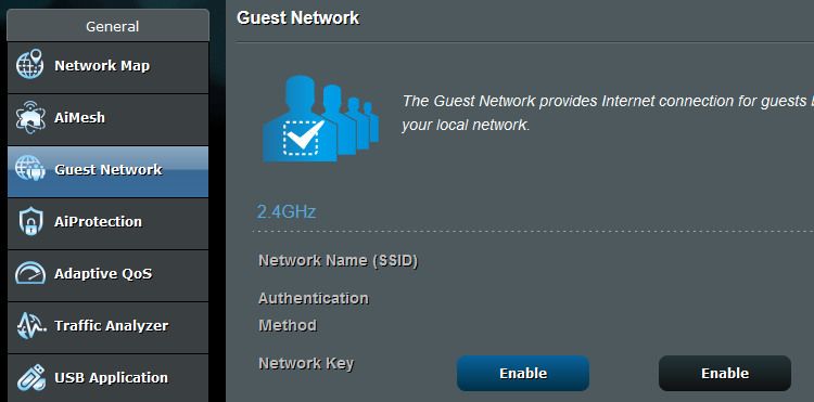 A screenshot of an ASUS router's guest network configuration page.