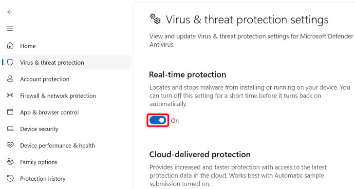 Disable "Real-Time Protection."