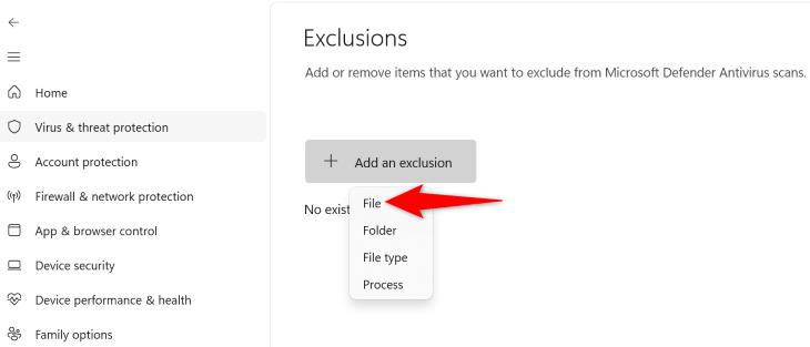 Select Add an Exclusion > File.