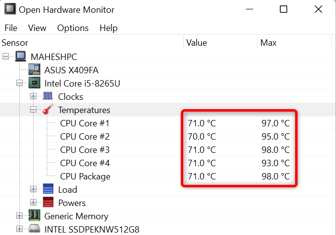 See the CPU temp in Open Hardware Monitor.