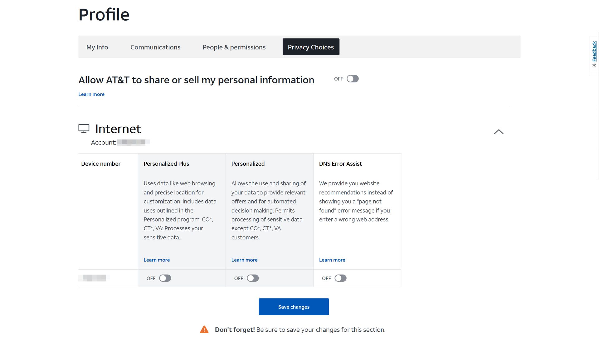 A screenshot of the ATT privacy profile page showing the individual privacy toggles.