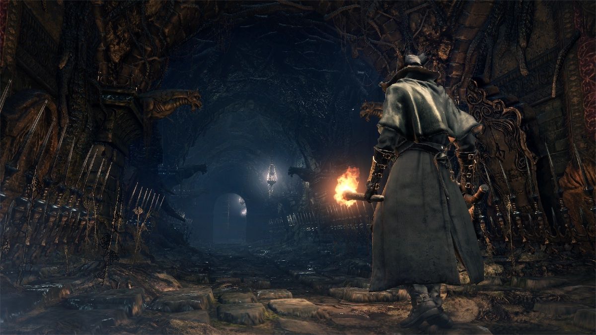 A screenshot of the player and a monster from the game Bloodborne
