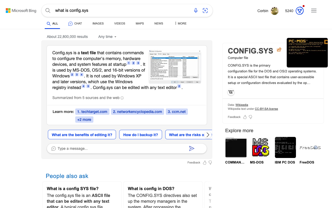 Bing result for "what is config.sys" with AI generated response as first result