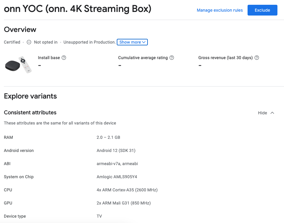 Google Play Console screenshot with specifications