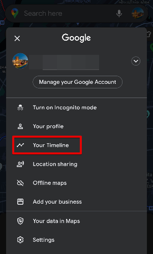 Google Maps profile screen with "Your TImeline" option highlited