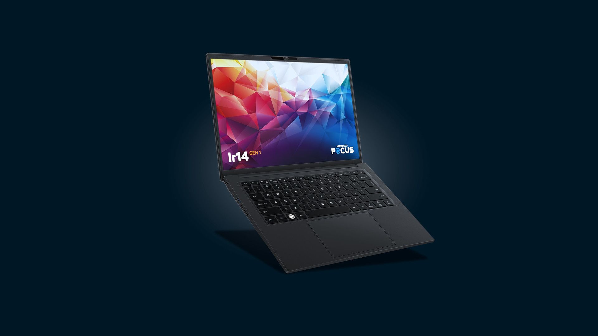Kubuntu Focus Ir14 laptop on dark blue background