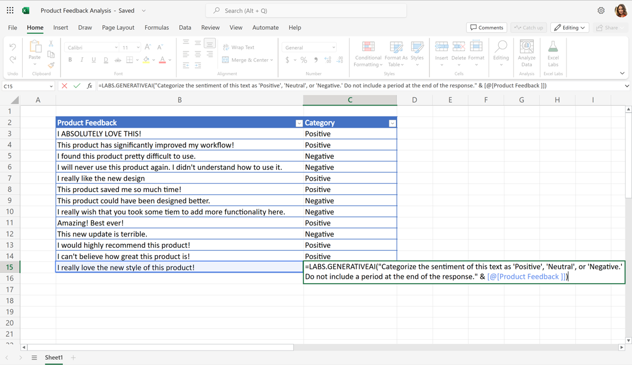 Screenshot of AI function in Excel spreadsheet
