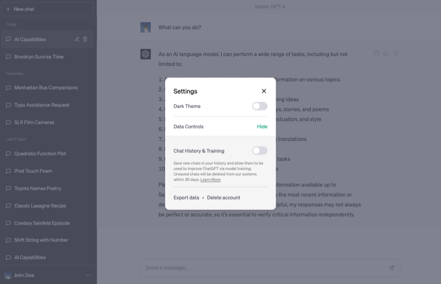 ChatGPT privacy settings screenshot