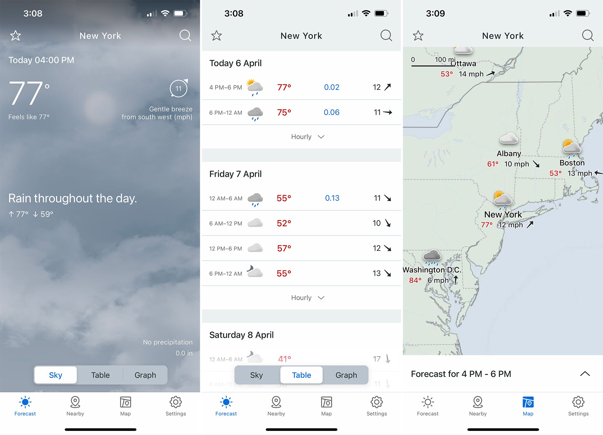Screenshots showcasing the Yrno weather app.