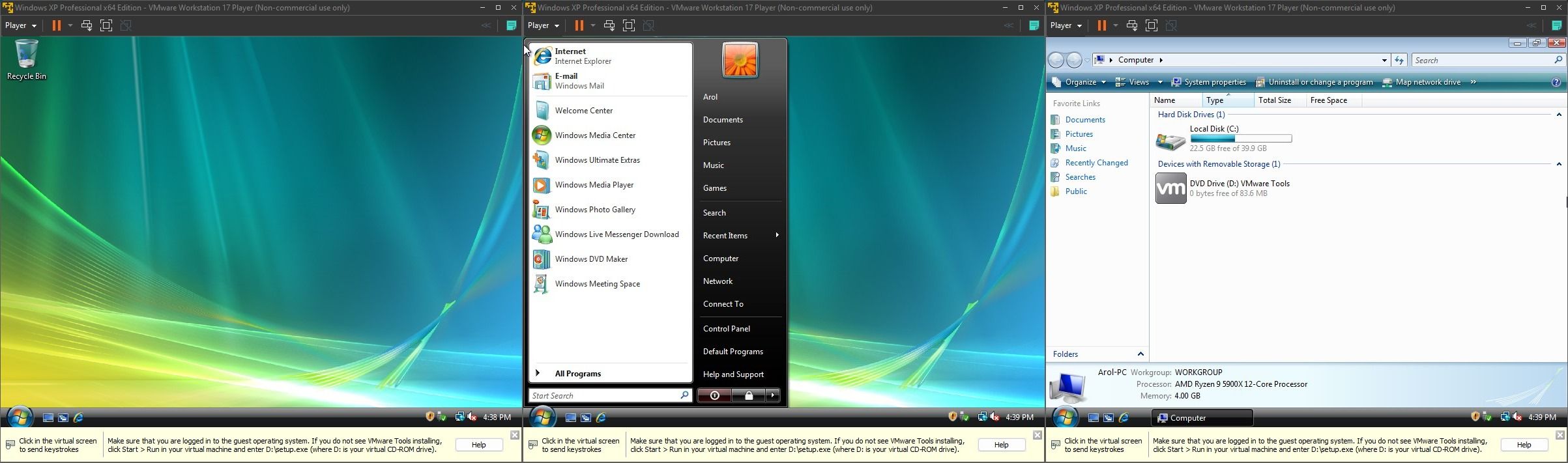 Three screenshots of Windows Vista, showing the desktop, the start menu, and the &quot;Computer&quot; menu.