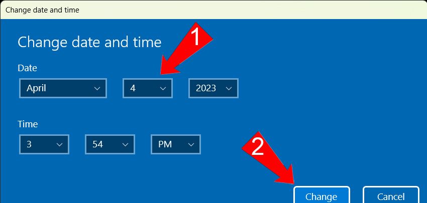 The blue window that lets you manually set your day and time on a Windows 11 computer.