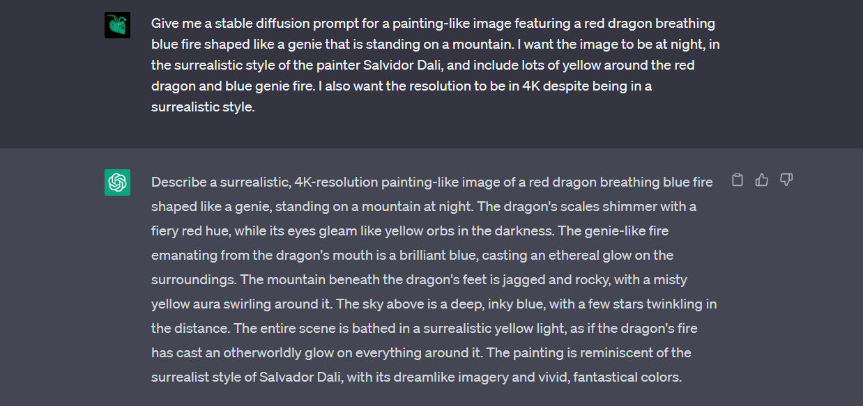 Someone asking ChatGPT to come up with a Stable Diffusion image generation prompt about a dragon.
