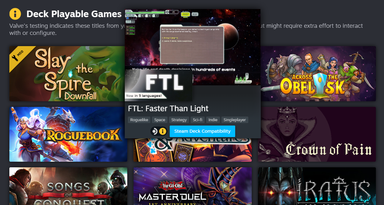 Hovering one's mouse over the game FTL on Steam's Steam Deck compatibility page.