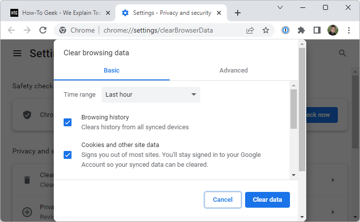 The Clear Browsing Data page in Google Chrome.