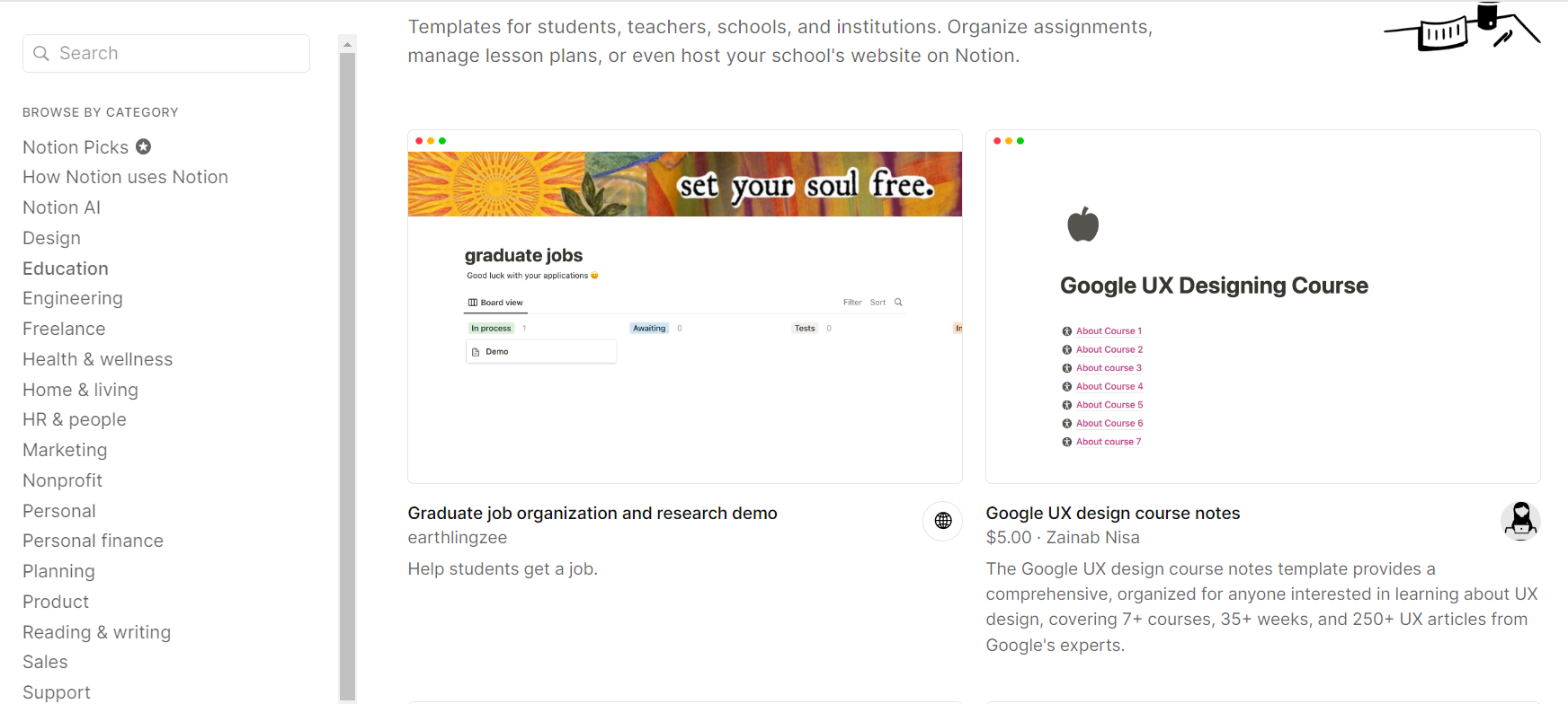 Notion&rsquo;s community-created template board.