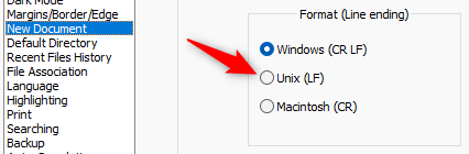 In Notepad++ preferences, go to &ldquo;New Document&rdquo; and click &ldquo;Unix (LF).&quot;