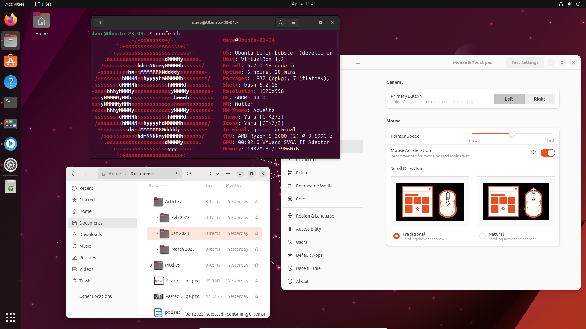 Ubuntu 23.04 desktop with the Files browser, the Settings Application, and a terminal window open