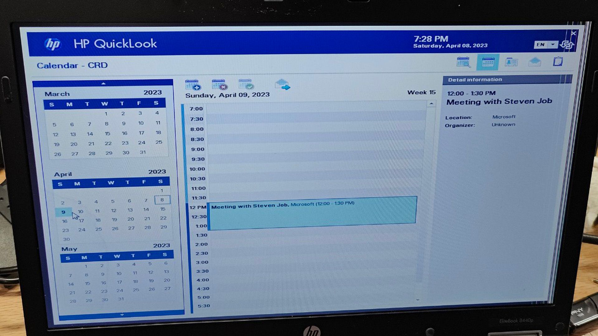 Screenshot of calendar view in HP QuickLook