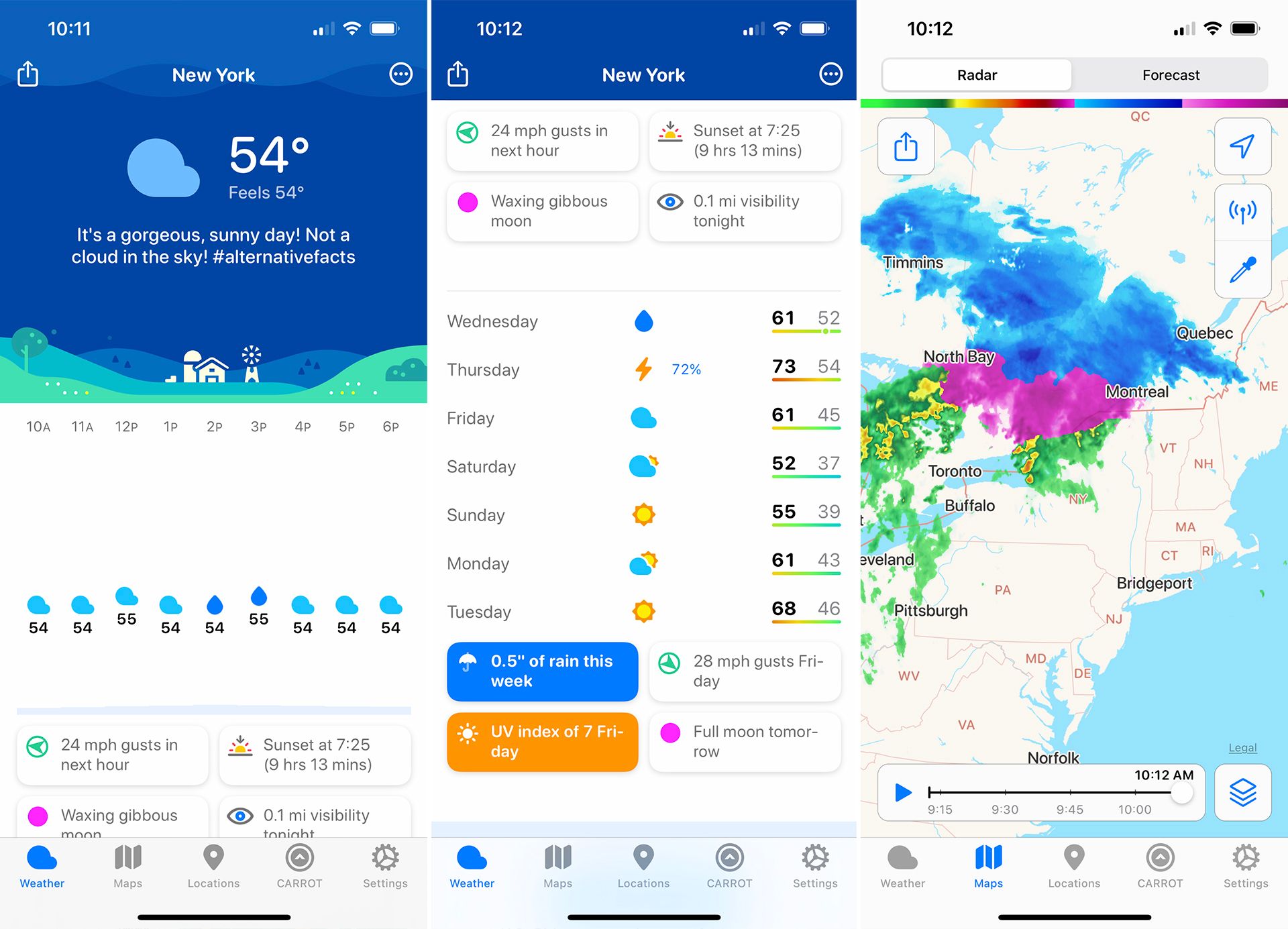 Screenshots showcasing the Carrot Weather app.
