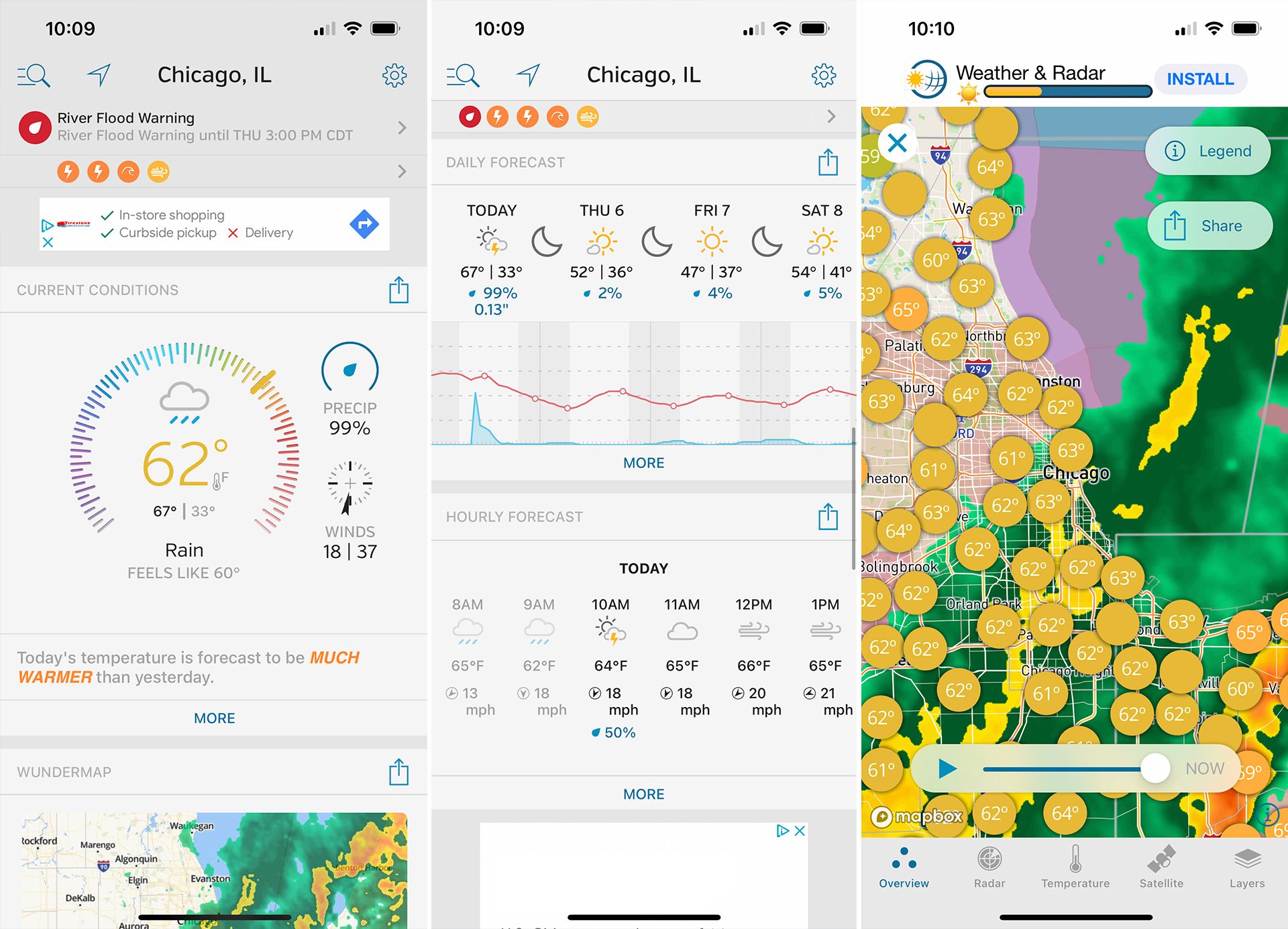 Screenshots of the Weather Underground app.