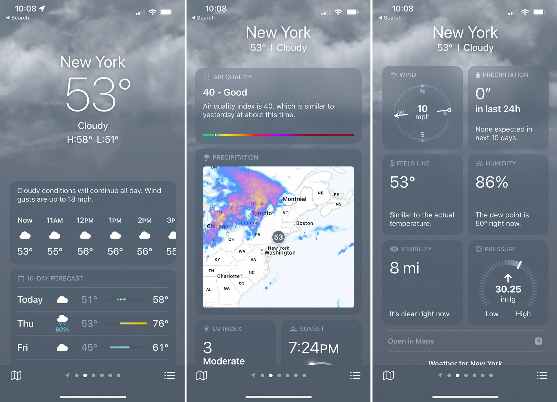 Screenshots showcasing the Apple Weather app.