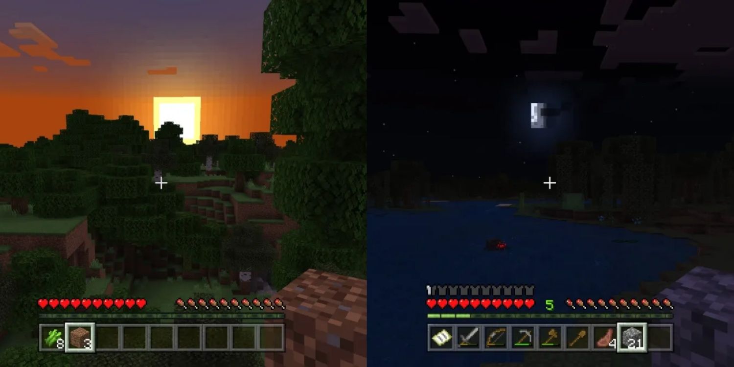 On the left is a sunrise in Minecraft, and, on the right, there's a moonrise.